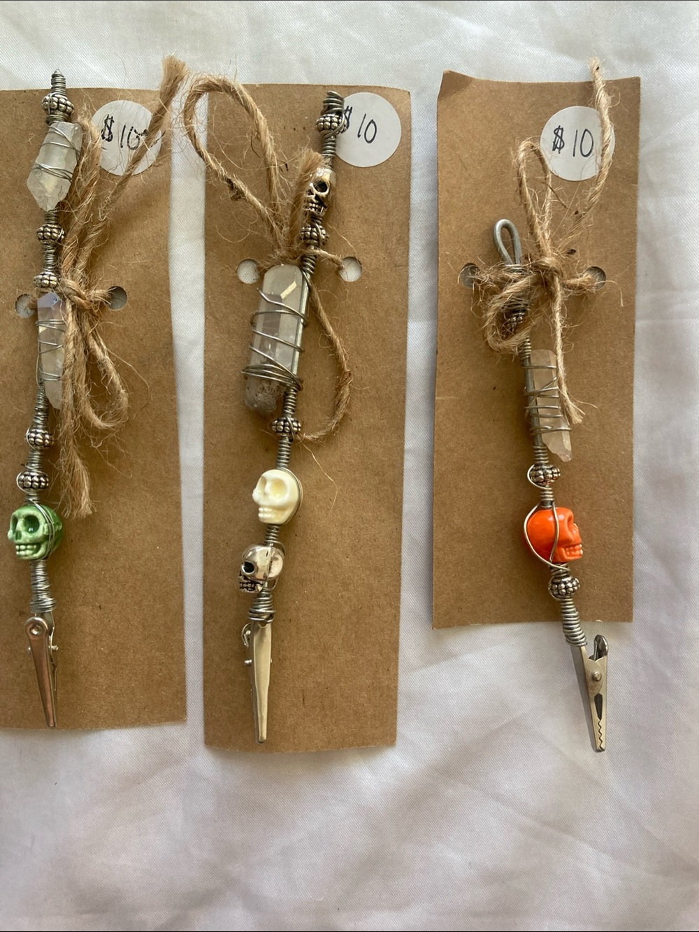 Halloween Handmade Accent Clip with Orange, Green, and Cream Skull Beads